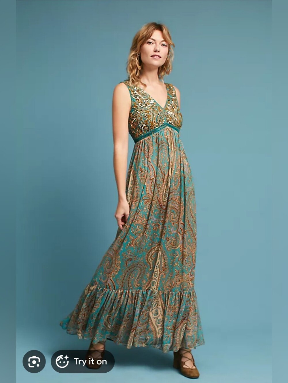 Anthropologie Teal Paisley Maxi Dress with Gold Accents - Picture 12 of 14